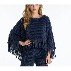 Navy Blue Faux Fur Poncho Cape Fringe Women’s One Size Soft Cozy Wrap